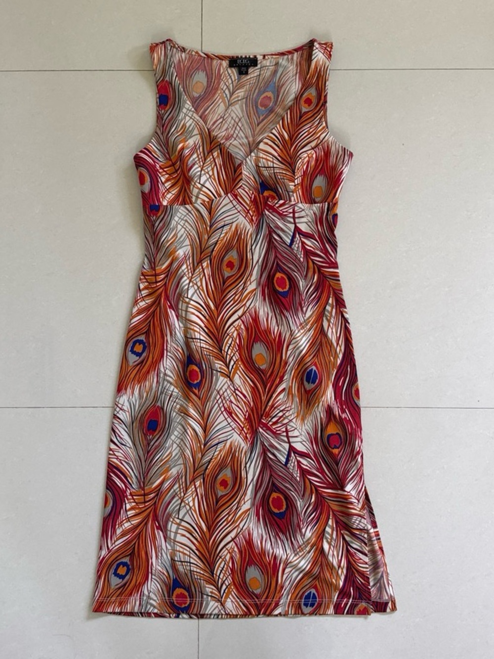 Vintage BCBG Sleeveless Peacock Feather Print Midi Dress Made in USA